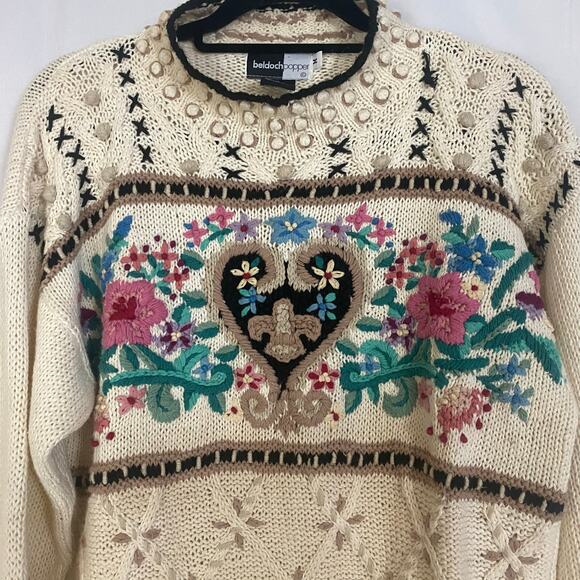 Vintage 80s Beldoch Popper Floral Heart Embroidered Sweater Romantic Grandmacore - Picture 6 of 8